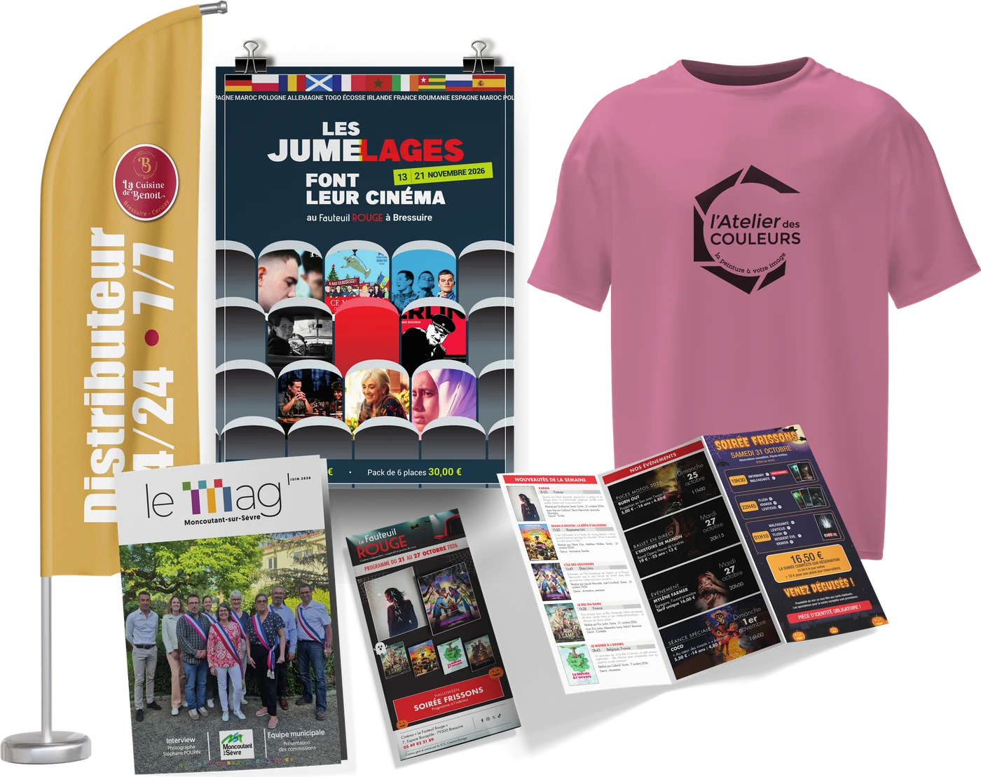 Réalisations Copy Color : oriflamme, affiche, brochure, t-shirt et dépliant 3 volets